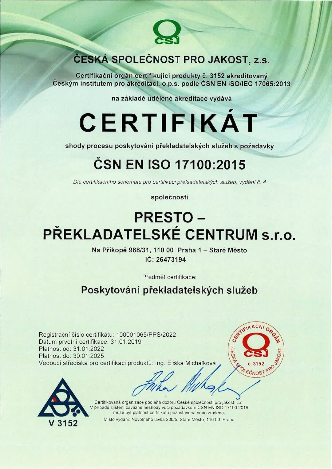 Certifikát ISO 17100:2015