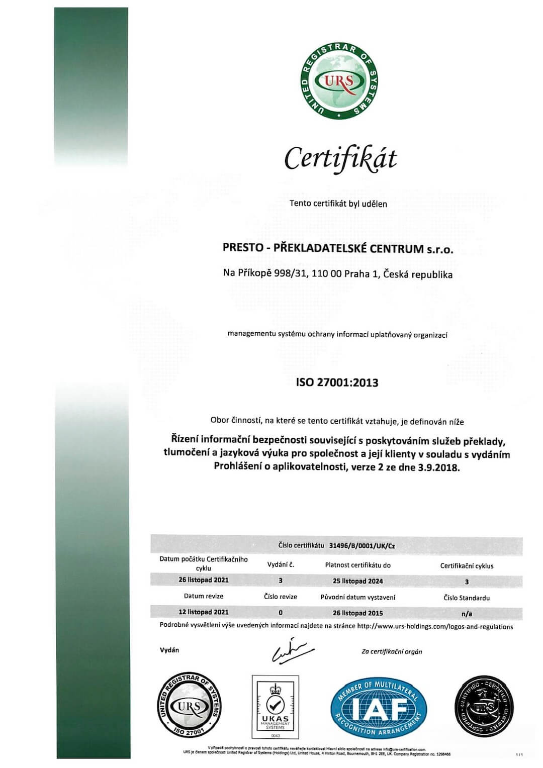 Certifikát ISO 27001:2018
