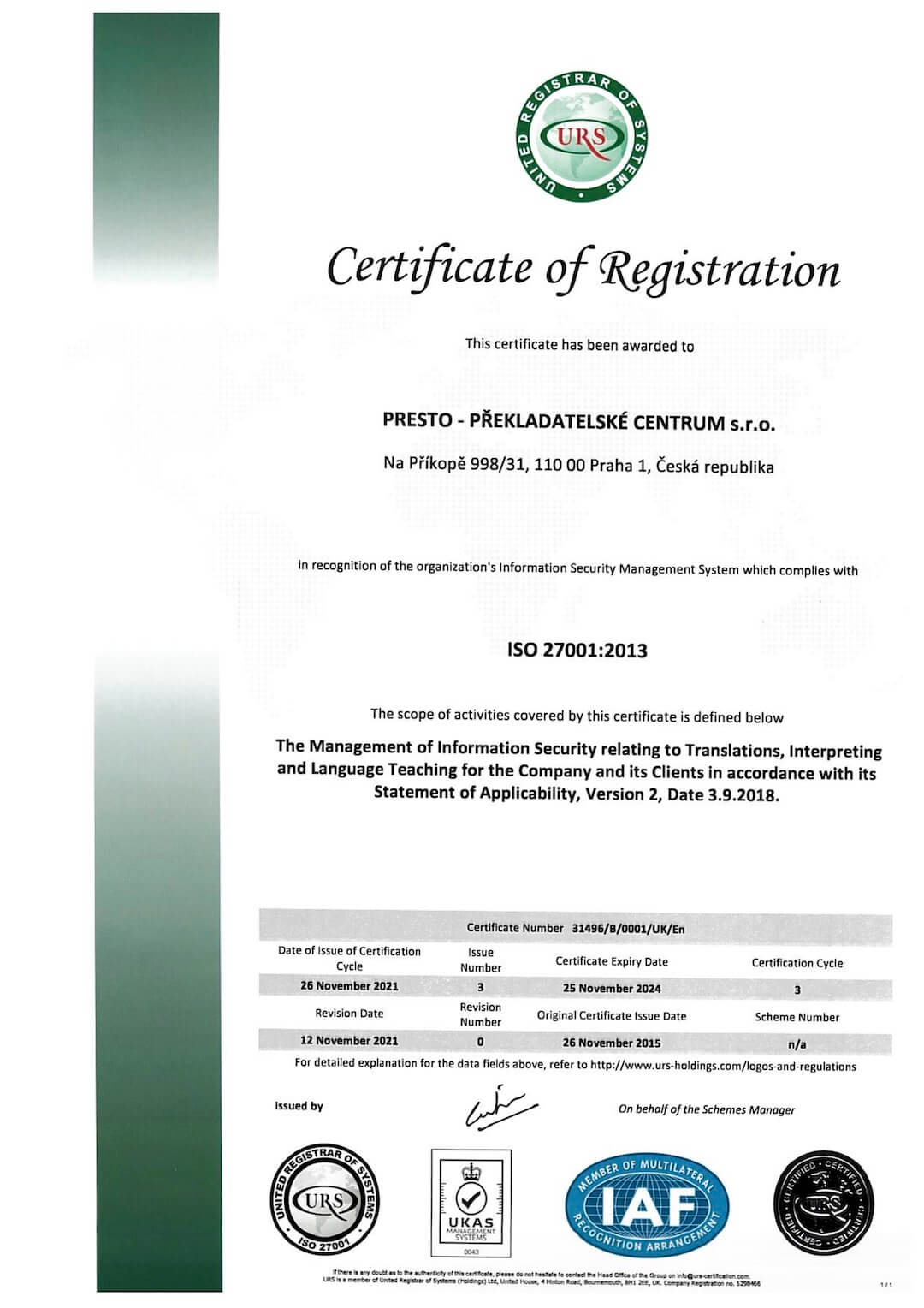 Certifikát ISO 27001:2013