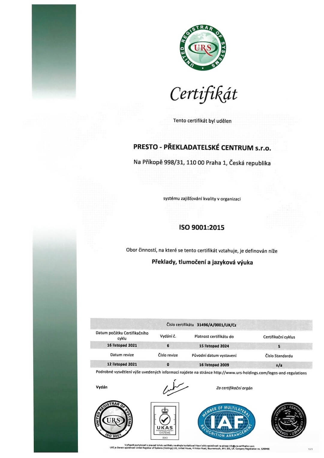Certifikát ISO 9001:2018