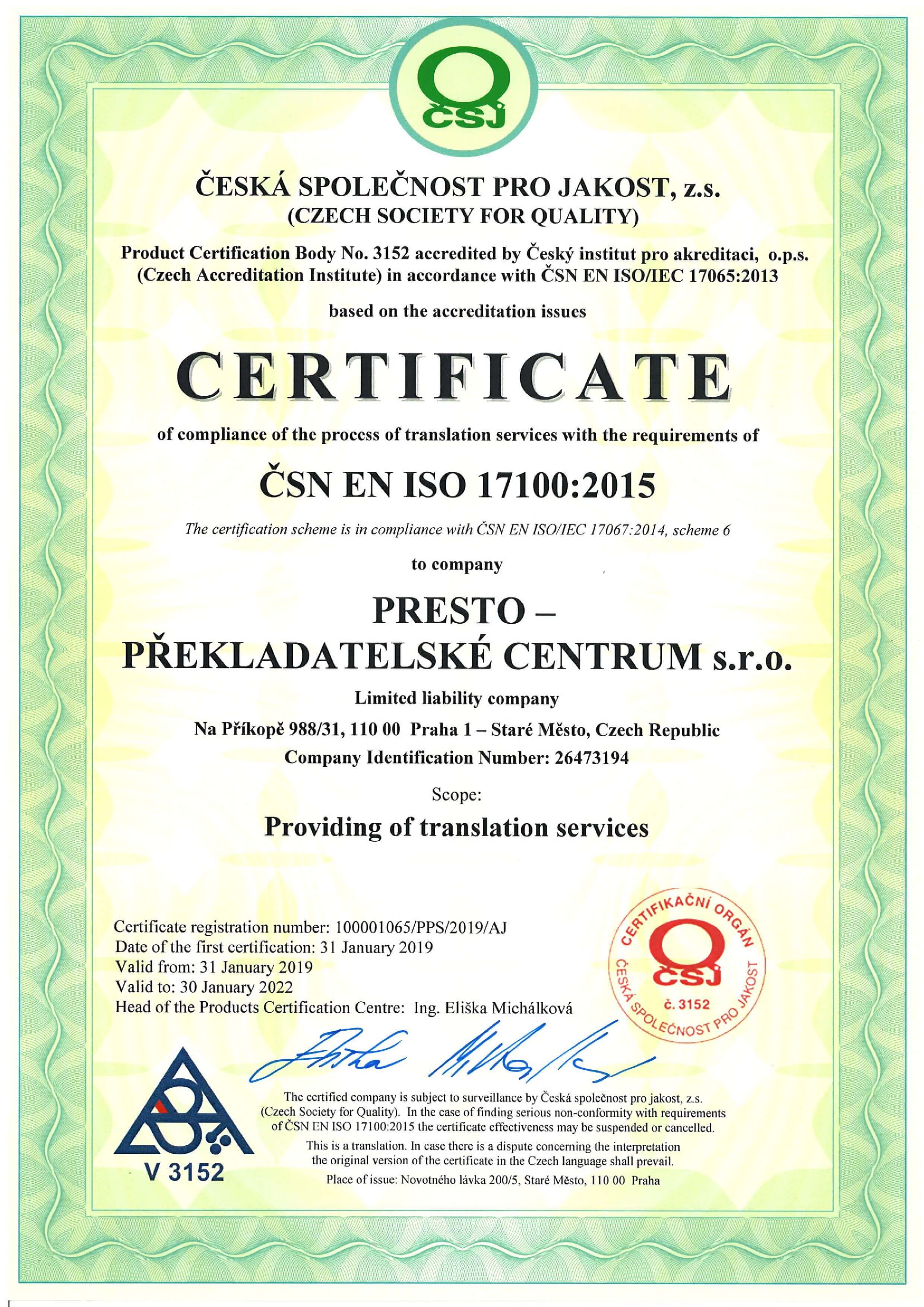 Certifikát ISO 17100:2015