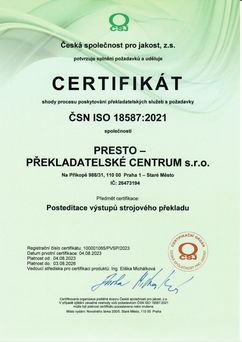 Certifikát ISO 18587:2021